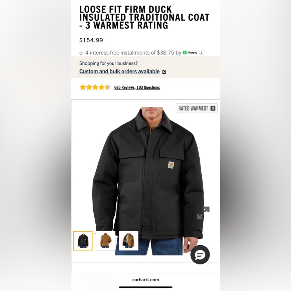 CARHARTT LOOSE FIT FIRM DUCK INSULATED COAT WARMEST RATING MEN XL TALL NEW